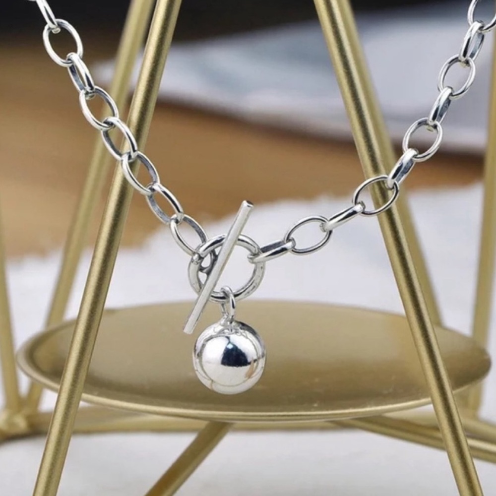 Minimalist Silver Toggle Necklace with Polished Sphere - Picture 5 of 6